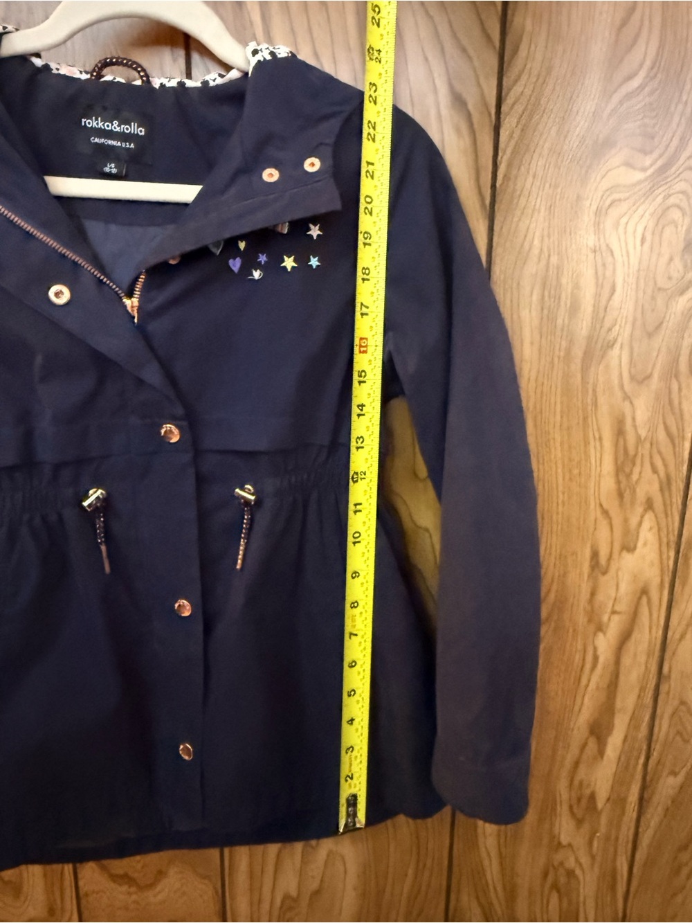 Rokka & Rolla Girls Size 10-12 Navy Hooded Rain Jacket Rainbow Stars Floral - Picture 11 of 11